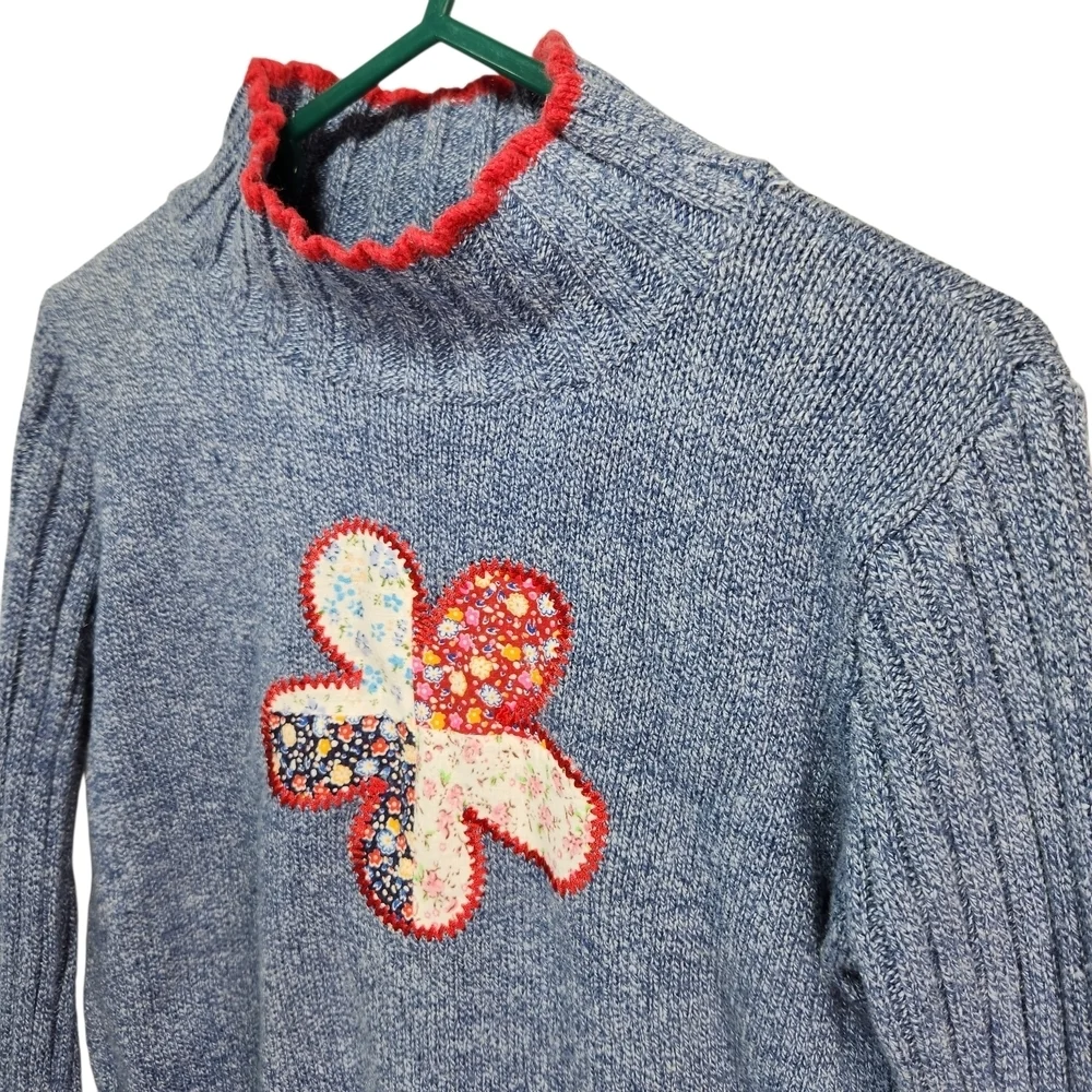 Knitty Gritty Girls Sweater Blue Mock Neck Medium Flower Patch Hippie Boho